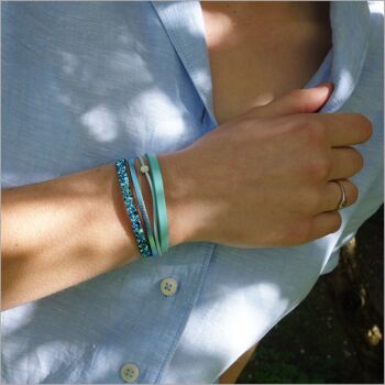 Bracelet créateur femme en cuirs strass bleus turquoise 5