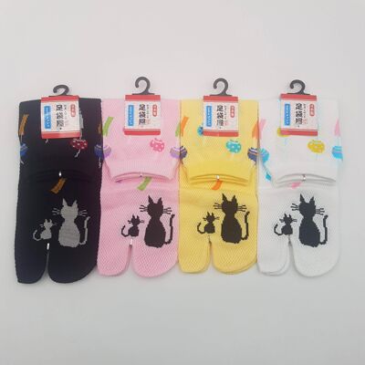 Calcetines Tabi Japoneses en Algodón y Patrón de Gato y Furina Negros Hechos en Japón Talla Fr 34 - 40