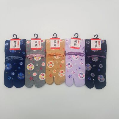 Calcetines Tabi Japoneses en Algodón y Patrón de Sakura y Globos Hechos en Japón Talla Fr 34 - 40