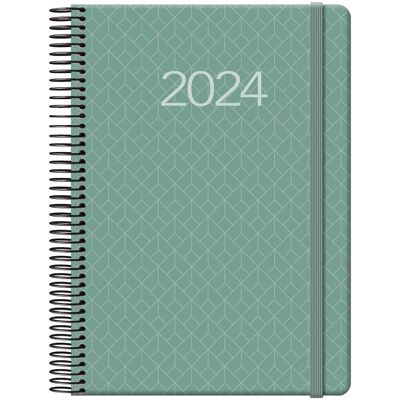 Agenda 2024 Día página 14x20 Verde con espiral y goma Newport