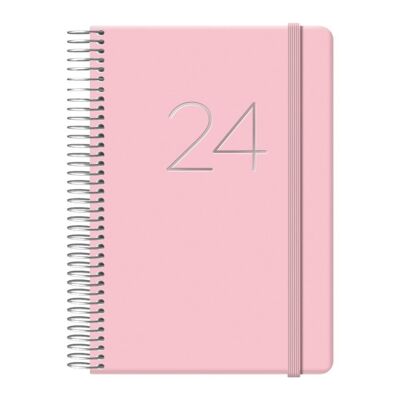 Agenda 2024 Día página 12,5x18 Rosa con espiral y goma Gloss