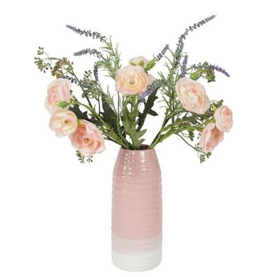 Jarrones de cerámica rosa/blanco con flores artificiales.