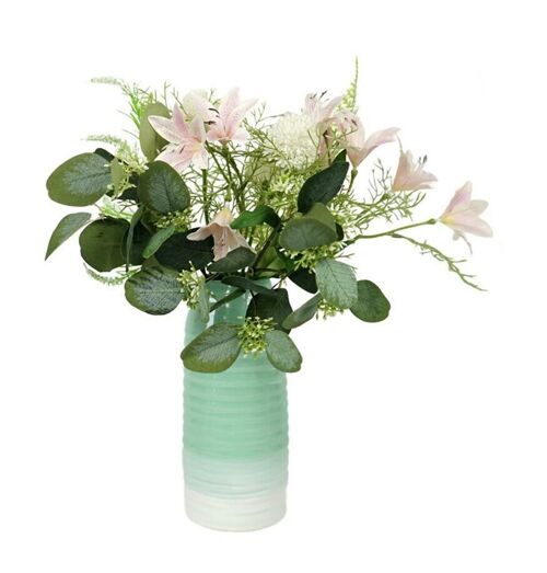 Mint green/white ceramic vases with artifical flowers