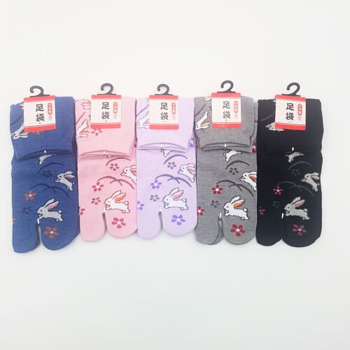 Chaussettes Japonaises Tabi en Coton et Motif Lapin Fleurs Made in Japan Taille Fr 34 - 40