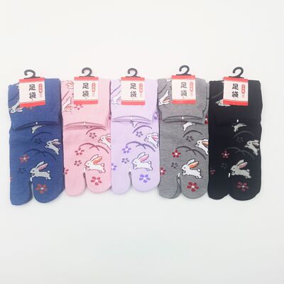 Calcetines Tabi Japoneses en Algodón y Patrón de Flores de Conejo Hechos en Japón Talla Fr 34 - 40