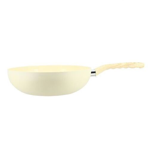 Wok crème 28cm en aluminium induction poignée effet bois