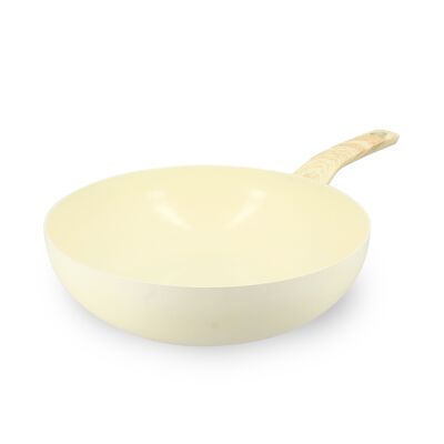 Cream wok 28cm aluminum induction wood effect handle