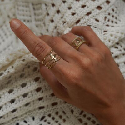 Anillo de acero ajustable Anillo grande con cuentas Flor Malla plana