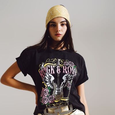 Vintage Rock and Roll Print T-shirt in Black