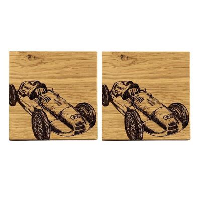 2 Oak Coasters - Vintage Racing Car