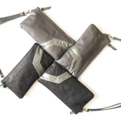 Graphic pouch, black and silver Italian leather, large format.