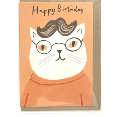 Biglietto di auguri di buon compleanno con gatto bianco con occhiali