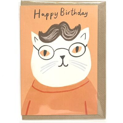 Biglietto di auguri di buon compleanno con gatto bianco con occhiali