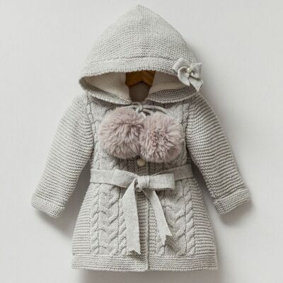 Exclusive baby Cardigan, Knitted Coat with Fur Pom Poms