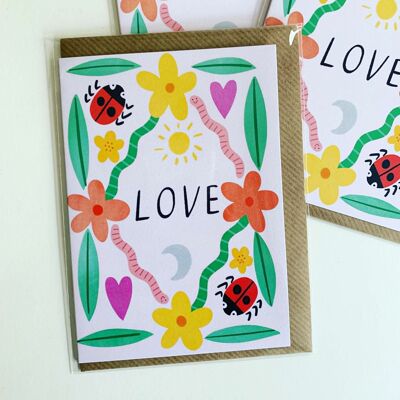 Tarjeta de felicitación de amor con marco de impresión de jardín