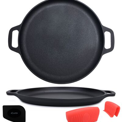 Cast Iron Pizza Pan 13.8"/35 cm, Baking Pan, Cooking Griddle, Silicone Handle Holders, and Scraper