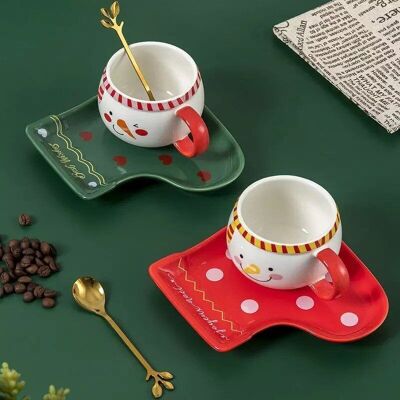 Christmas ceramic mug with saucer in shape of a sock and spoon DF-901