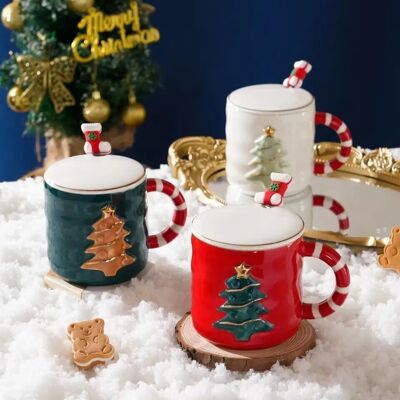 Weihnachtliche Keramiktasse 400 ml mit Deckel und Löffel DF-903