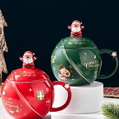 Tazza natalizia in ceramica da 400 ml con coperchio e cucchiaio DF-905