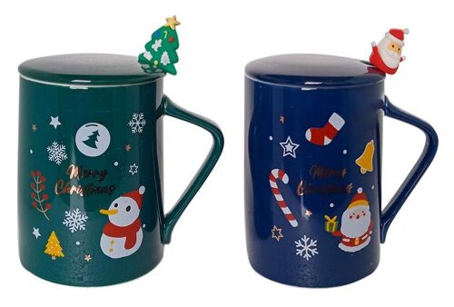 Christmas ceramic mug 470ml with lid and spoon.  Available in 2 colors: BLUE - GREEN DF-906
