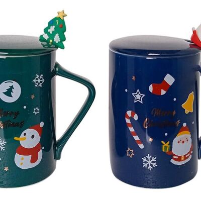 Mug de Noël en céramique 470 ml avec couvercle et cuillère.  Disponible en 2 couleurs : BLEU - VERT DF-906