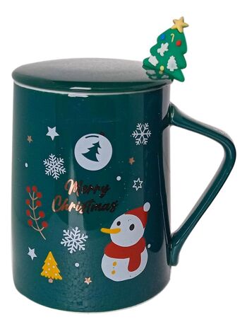 Mug de Noël en céramique 470 ml avec couvercle et cuillère.  Disponible en 2 couleurs : BLEU - VERT DF-906 2