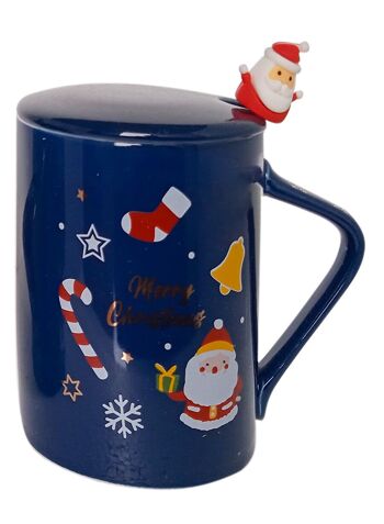 Mug de Noël en céramique 470 ml avec couvercle et cuillère.  Disponible en 2 couleurs : BLEU - VERT DF-906 5