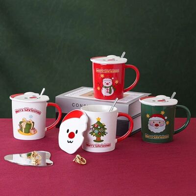 Weihnachtliche Keramiktasse 350 ml mit Deckel und Löffel DF-907