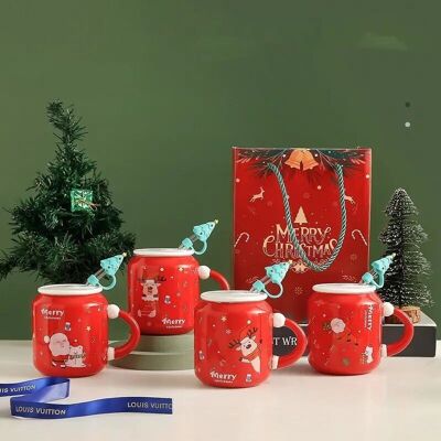 Tazza natalizia in ceramica da 400 ml con coperchio e cannuccia DF-909