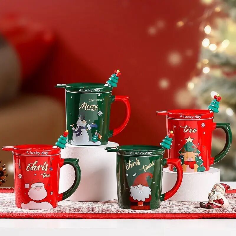 Weihnachtliche Keramiktasse 380 ml mit Deckel und Löffel DF-910