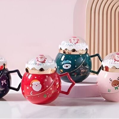Tazza natalizia in ceramica da 450 ml con coperchio a palla di neve DF-914
