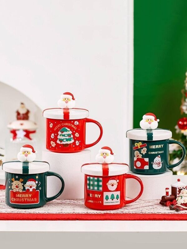 Weihnachtliche Keramiktasse 400 ml mit Deckel und Löffel DF-915