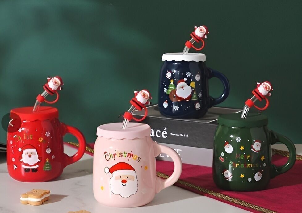 Weihnachtliche Keramiktasse 420 ml mit Deckel und Strohhalm DF-916