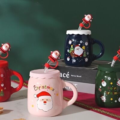 Mug de Noël en céramique 420ml avec couvercle et paille DF-916