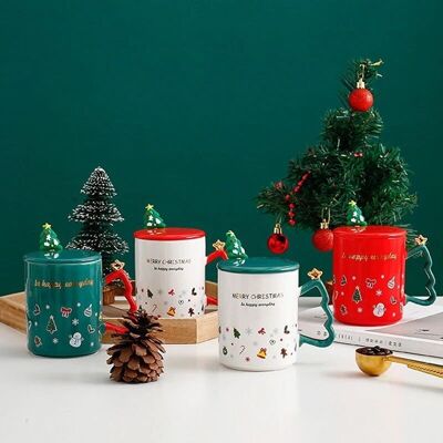 Weihnachtliche Keramiktasse mit Deckel und Löffel DF-917
