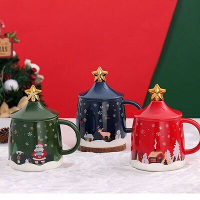 Christmas ceramic mug 400ml with lid and spoon DF-919