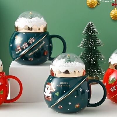 Weihnachtliche Keramiktasse 480 ml mit Schneeballdeckel DF-921