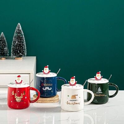 Christmas ceramic mug with lid and spoon DF-923