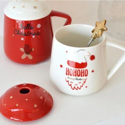 Christmas ceramic mug with lid and spoon.  Available in 2 designs.  Dimension: 7.8x8.8cm DF-924