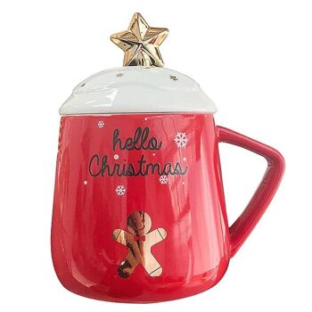 Mug de Noël en céramique avec couvercle et cuillère.  Disponible en 2 modèles.  Dimension : 7.8x8.8 cmDF-924 3