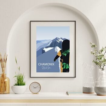 Poster ski Chamonix 3842m - snowboarder sur l'arrête de l'aiguille du midi - affiche France 6