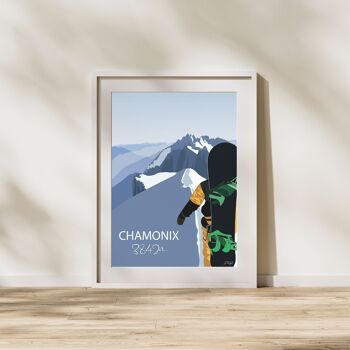Poster ski Chamonix 3842m - snowboarder sur l'arrête de l'aiguille du midi - affiche France 2