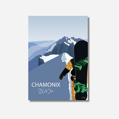 Cartel de esquí Chamonix 3842m - snowboarder al borde de la Aiguille du Midi - cartel de Francia
