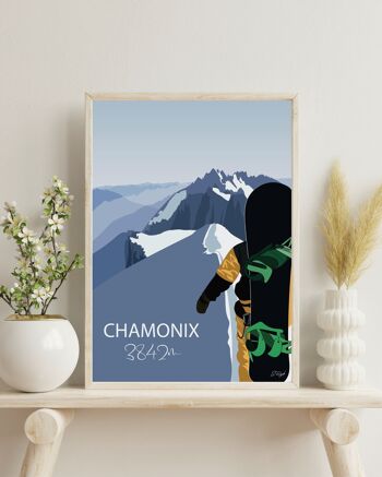 Poster ski Chamonix 3842m - snowboarder sur l'arrête de l'aiguille du midi - affiche France 4