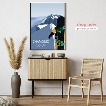 Poster ski Chamonix 3842m - snowboarder sur l'arrête de l'aiguille du midi - affiche France 5
