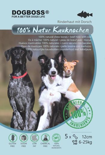 DOGBOSS Os à mâcher 100% naturels, peau de bœuf au cabillaud, os de chien, lot de 5 en 12 cm (5x55g=275g), 17 cm (5x115g=575g) ou 22 cm (5x210g=1050g) 6