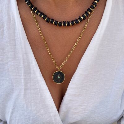 Long Disc Necklace, Gold Chain Neckalce, Black Beaded Necklace, Round Necklace, Gift for Her, Made from Stainless Steel Chains.