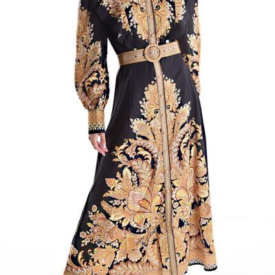 Long printed mao collar dress with belt and buttoned closure