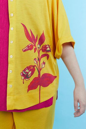 Chemise style kimono jaune imprimé fleur fuchsia 3