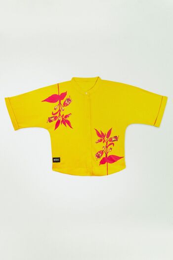 Chemise style kimono jaune imprimé fleur fuchsia 6
